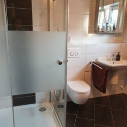 Dusche, Toilette und Waschbecken in Bad 1